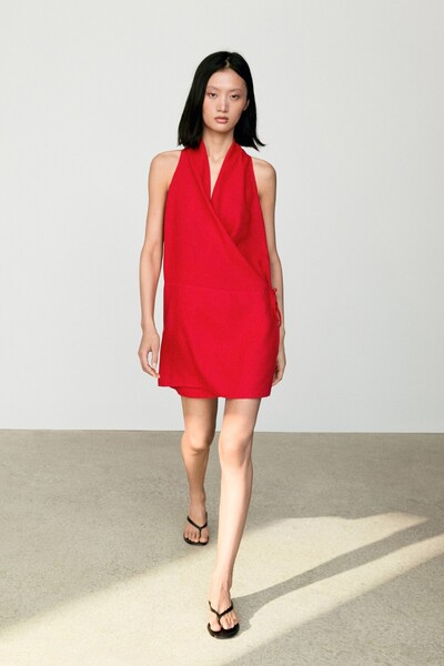 Massimo Dutti %100 keten kruvaze yaka mini elbise