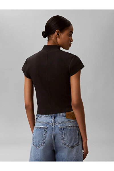 Calvin Klein SS WOVEN LABEL 2X2 B, UB1 Kadın Siyah T-Shirt & Polo