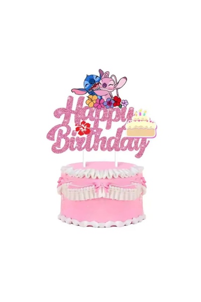 Baloane Vesele Topper Tort Stitch Si Angel Roz Glitter Happy Birthday Decor T...