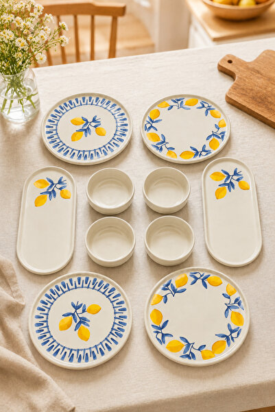 Papart Mavi Limon 10 Parça 4 Kişilik Handmade Stackable Seramik Tabak Seti Pr...