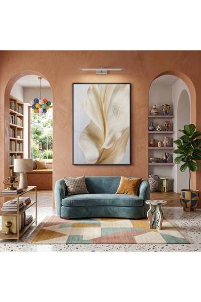 KOLAJTASARIM Abstract Leaf Cream Gold Tones Single Black Metal Framed Glass T...