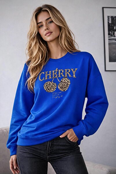 caddekombin Women's Leopard Cherry Cherry Printed Round Neck Long Sleeve Swea...