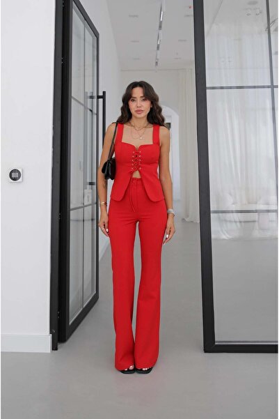 Havoş Red Eyelet Lace-Up Blouse and Pants Set