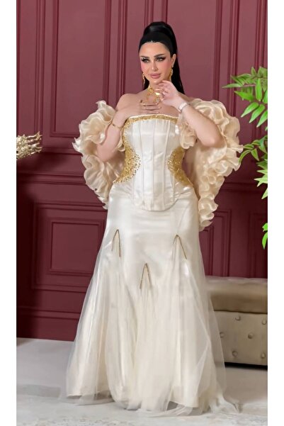 NALA FASHION Luxurious Royal Cream Colored Evening Dress,
