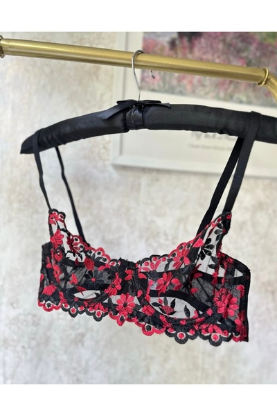 Fleur Kırmızı Siyah Çiçek İşlemeli Dantel Sütyen Tanga Takım – Transparan Seksi İç Giyim