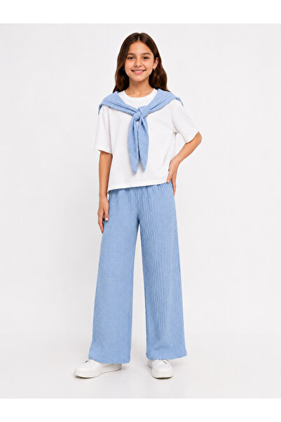 DUBAİ ÇOCUK Girl's Wide-Legged Trousers Set with Shawl T-Shirt 2-Piece Combin...