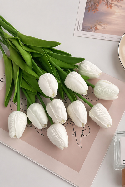 H&E LUXURY DESIGN 1 Adet Islak Gerçekçi Beyaz Solmayan Lale Yapay Çiçek 35 Cm