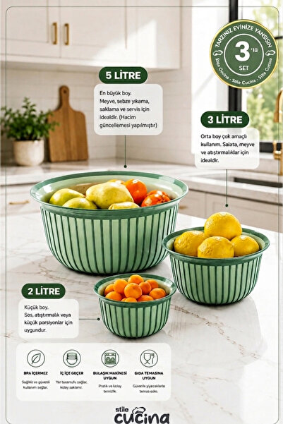 KASE 3lü Ekonomik Linea Yuvarlak Seti Yeşil 3X (2 Litre- 3 Litre- 5 Litre)