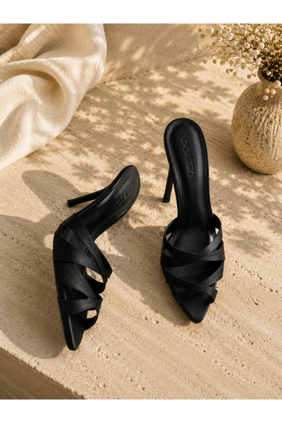 carweza Vela Black Satin Heeled Slippers