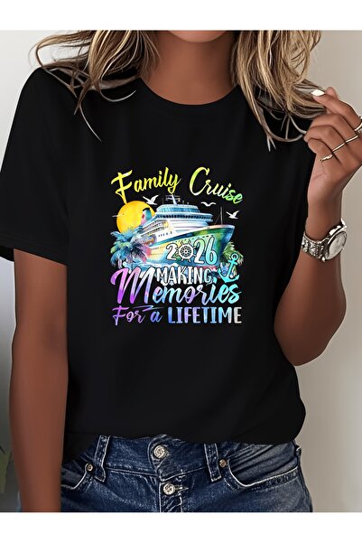 En22 Black Minimalist Style Vacation Cruise 2026 Printed Short Sleeve Round N...