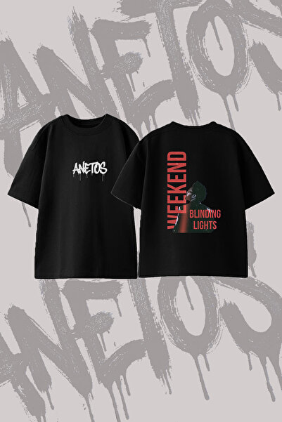 Anetos The Weeknd Blinding Lights Design Back Printed Cotton Black Oversize T...