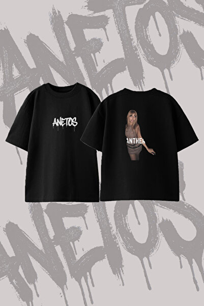 Anetos تي شيرت قطني أسود كبير الحجم بتصميم مربعات وطباعة على الظهر