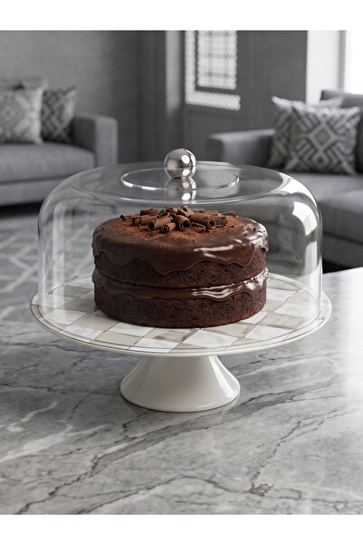 KOZE Ceramic Cake Stand with Elevated Base and Acrylic Cover - 30cm Diameter