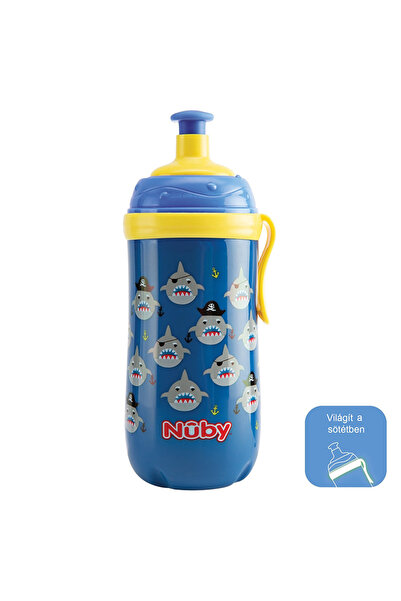 Nuby Синя чаша със сламка с изскачащи акули 360 мл 18 месеца+