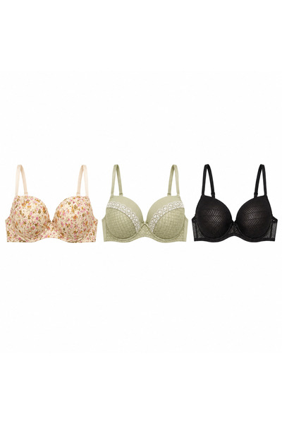 Generic Women's Floral Patterned Lace Detailed Bra Three Piece Set 50 Size