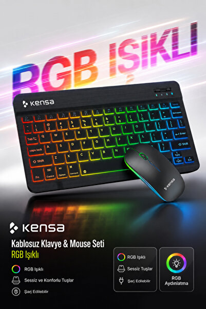 Kensa Tablet ve Bilgisayar İçin RGB Led Işıklı Taşınabilir Kablosuz Bluetooth...