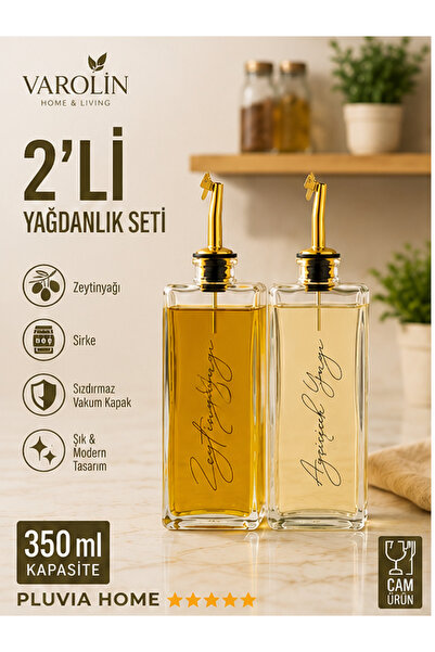 VAROLİN 2’li Cam Yağlık Seti 350 ml–Zeytinyağı & Sirke Şişesi – Akıtmaz GOLD ...