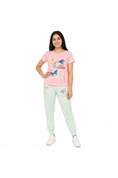 Generic Girls Pink T-Shirt and Green Trousers Set with Butterfly Design