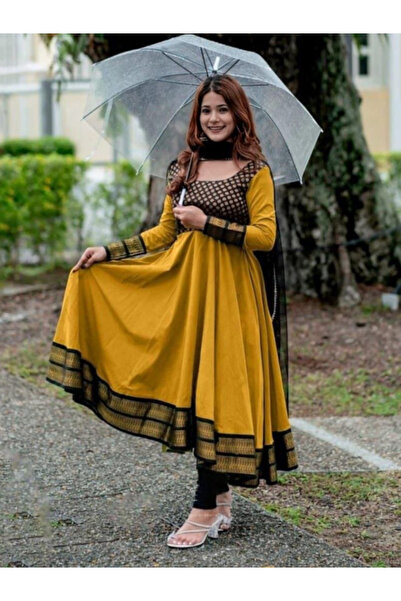 MYSMAR Yellow Vichitra Silk Umbrella Gown Set - FFT8769 | Yellow-Size:(S-36-I...