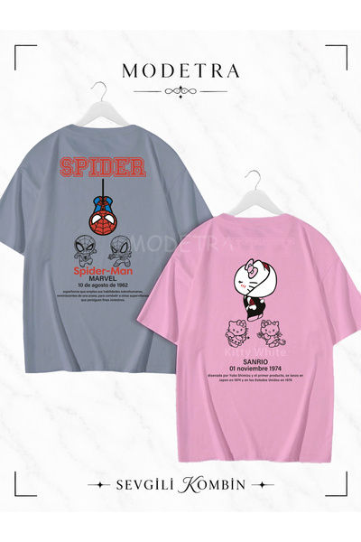 Modetra Women Men Unisex Spider Kitty Written Back Print Lover Couple Combina...