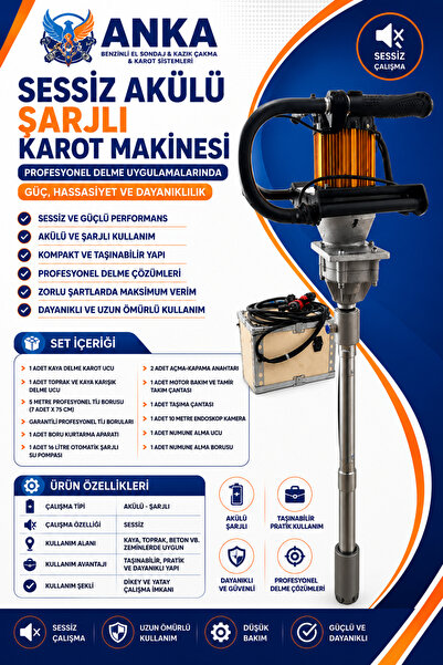 anka hilti karot EKSTRA SESSİZ AKÜLÜ ŞARJLI KAROT EL SONDAJ MAKİNASI 5MT SET