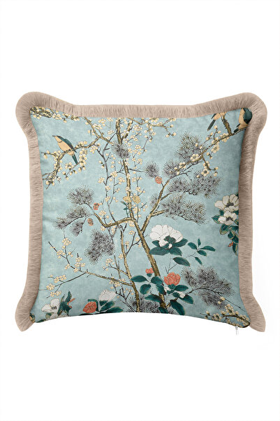 Evimde Bambaşka Japanese Garden with Birds and Flowers Fringed Pillowcase - B...