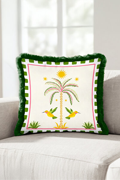 Evimde Bambaşka Tropical Palm Bird Exotic Fringe Pillowcase - Paradise Garden...