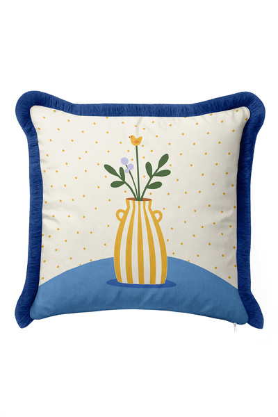 Evimde Bambaşka Vase Flower Patterned Elegant Fringed Pillowcase-Minimal Bota...