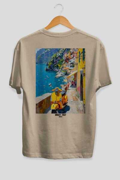 Ankhises Αμάλφι Ιταλία Μπεζ Oversize Country City Back Printed Unisex T-Shirt...