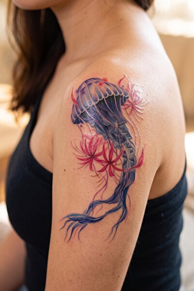 BP Tattoo Mistik Mavi Denizanası ve Kırmızı Çiçekli Geçici Dövme