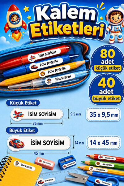 cabuk baskı Erkek Çocuklara Özel 120 Adet İsimli Okul Etiketi Sticker Seti 5 Figürlü Defter Kitap ve Kalem Özel İsimli Okul Etiketi