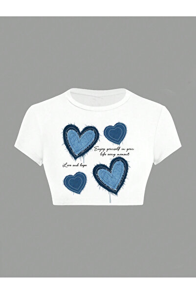 LUMSHİNE Women's Star Heart Printed Tee Crop