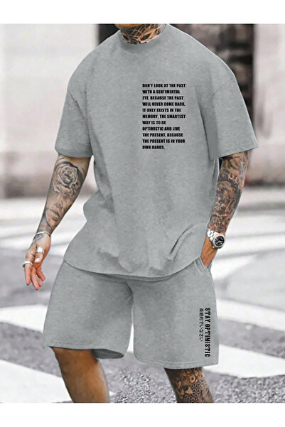 Boi Look Sentimental T-Shirt Shorts Koboistdin Set - Gray Printed Oversize Cr...