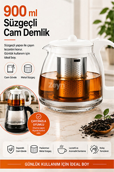 Zeyn Gross 900 ml Süzgeçli Cam Demlik – Paslanmaz Çelik Filtreli, Beyaz Kapak...