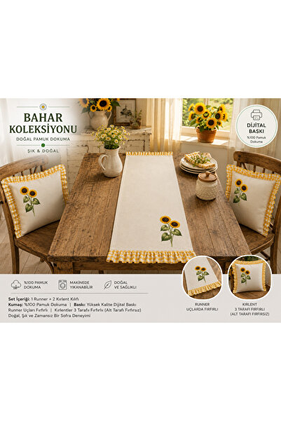 Sister Home Design 2li Ayçiçeği Dijital Baskılı Runner ve Kırlent Kılıfı Seti...