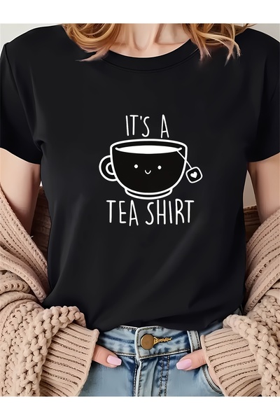 NOURAM تي شيرت نسائي بتصميم كوب شاي مرح مع عبارة "It's a Tea Shirt" - تي شيرت...