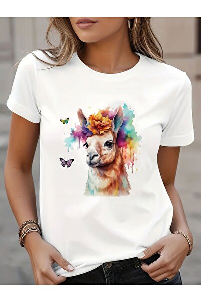 212Wear تي شيرت نسائي كاجوال برقبة دائرية وأكمام قصيرة مع طباعة لاما ملونة، ق...