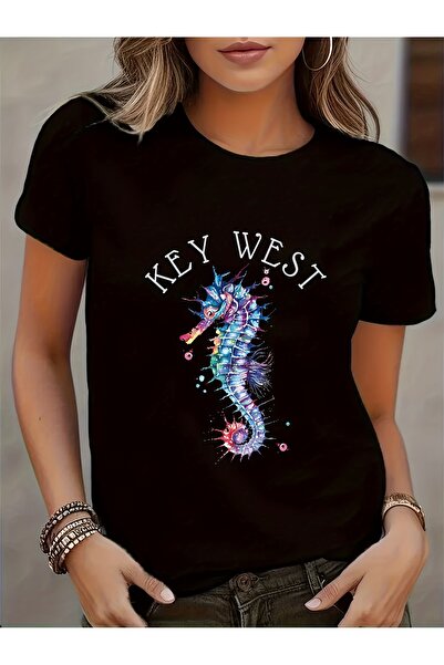 212Wear بلوزة نسائية قصيرة الأكمام برقبة مستديرة، شبه شفافة، مطبوعة بتصميم شا...