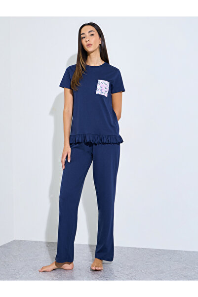 Styli Floral Print Pocket Ruffle Sleeve Tee & Pj Set