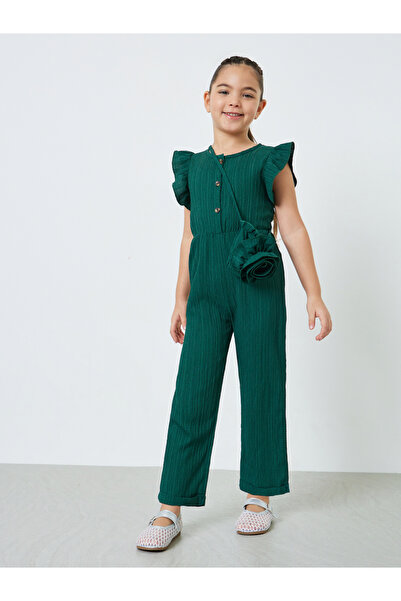 Styli Girls Dark Green Textured Jumpsuit With Sling Bag