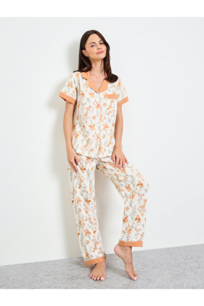 Take Two By Styli Off White Floral Print Shirt And Pyjama Set