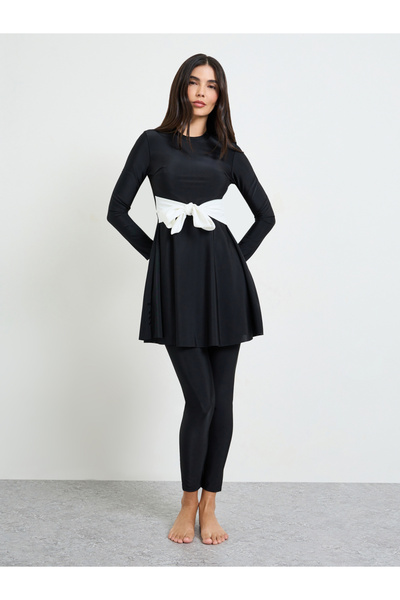Styli Black Contrast Tie Knot Detail Tunic And Leggings Burkini Set