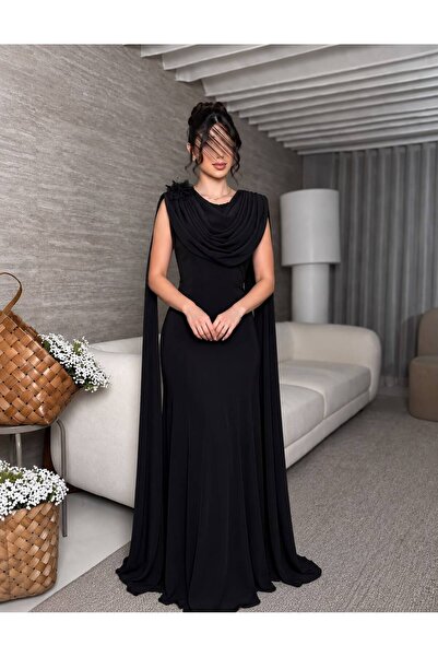 MILANORA Long Black Dress with Shoulder Rose