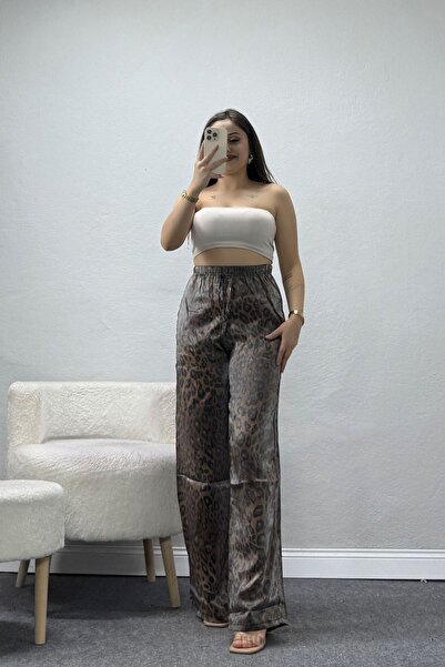 BELENDİR Women's Satin Leopard Elastic Pants Brown