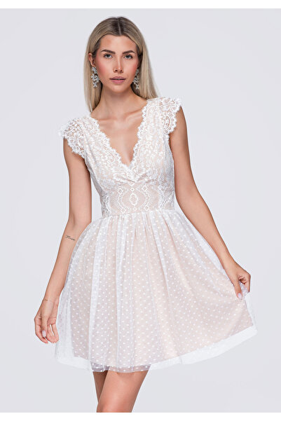 Larica Women's Mini Dress, Flared Design, V-Neck with Lace Sleeves LA-OM-DLR424