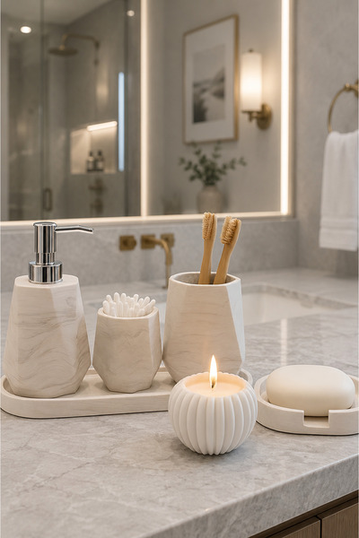 Lyzovi 6 Parça Mermer Desenli Lüks Banyo Seti | Sabunluk, Diş Fırçalık, Mumlu...