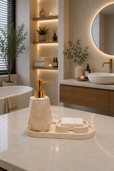 Lyzovi 3 Parça Mermer Desenli Lüks Banyo Seti | Sıvı Sabunluk, Sabunluk, Oval...