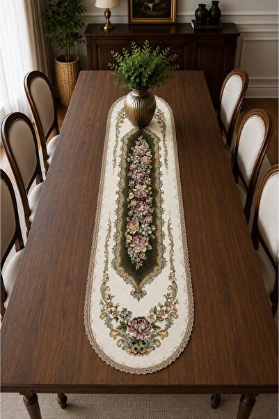 Yeshome Collection Royal Bouquet Şönilli Goblen 40X170 Oval Runner - Coffee T...