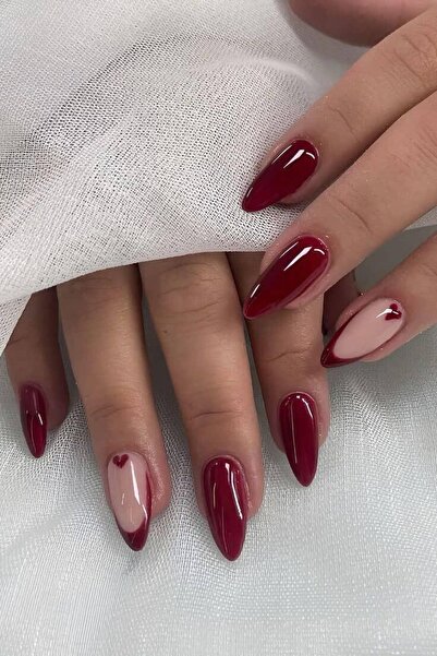 Shades On Nails Handmade Press-On Nails Set - Deep Cherry Red & Nude French T...
