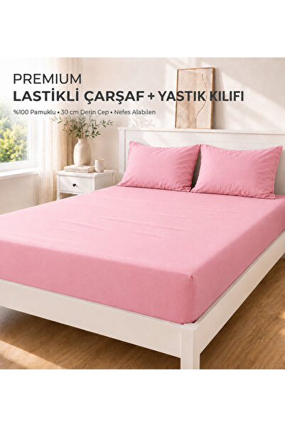 %100 Pamuk Ranforce Çift Kişilik Lastikli Çarşaf Seti (1 Adet Çİft Kişilik Çarşaf + 2 Adet Yastık Kılıfı) - 57 Tel